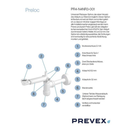 PREVEX Preloc Universal-Platzspar-Siphon für Badwaschbecken | aus recyceltem Kunststoff