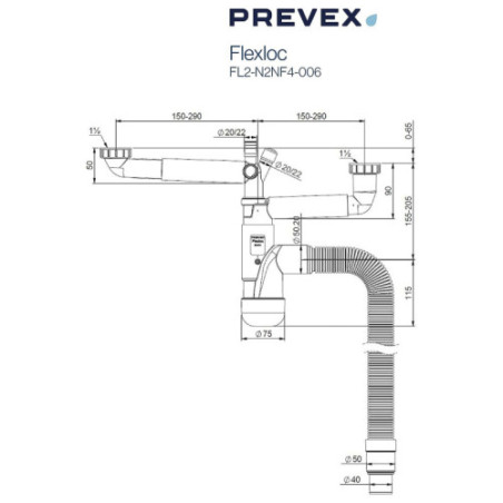 PREVEX Flexloc Siphon 1 1/2" mit 2 Anschlüssen für Küchenspülen/Becken Recyclet
