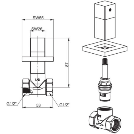 Shut-off valve flush-mounted valve wall valve corner valve brass 1/2 "x 1/2" square