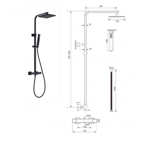 Thermostat shower set with head shower hand shower square black