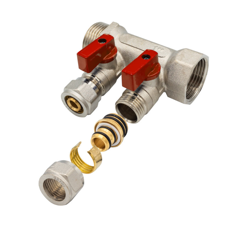Distributor with 2 outlets Ball valve red MF-1 "2 x 16