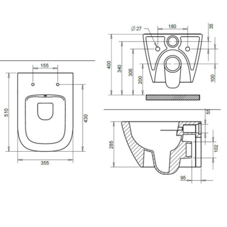 Belvit Spülrandloses Design Hänge WC mit Taharet/Bidet/Dusch WC-Funktion und integrierter Heiß-/Kaltwasserarmatur Weiß + Dec