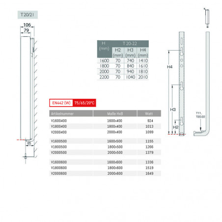 Belrad Vertikal Heizkörper Plan T20 1600 x 500 (HxB) - 1155 W