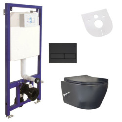 Belvit Spülrandloses Hänge-WC mit Armatur, Deckel, Vorwandelement und Betätigungsplatte Schwarz Matt - AL66700KomplettSet - 0
