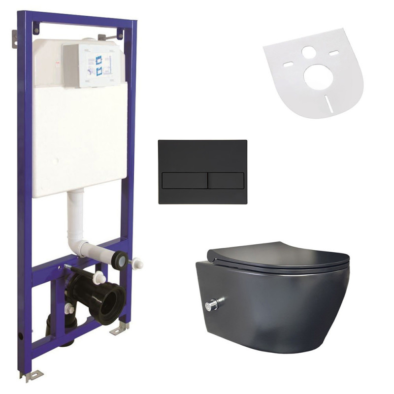 Belvit Spülrandloses Hänge-WC mit Armatur, Deckel, Vorwandelement und Betätigungsplatte Schwarz Matt